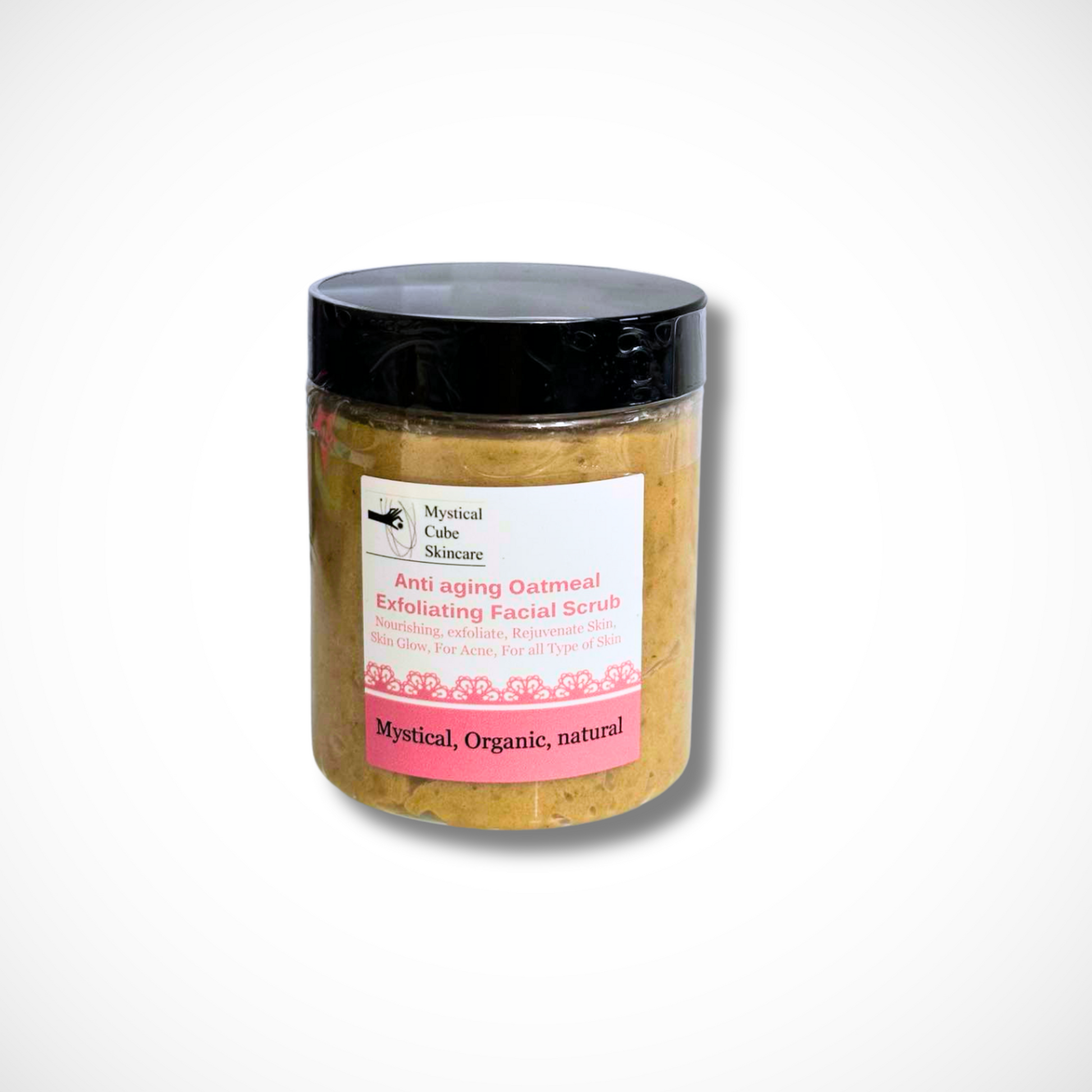 A jar of oatmeal anti-aging scrub with natural exfoliating and moisturizing properties, ideal for smoother, brighter, and youthful-looking skin.