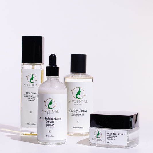 Ultimate Acne Treatment Set featuring Intense Cleansing Oil, Anti-Inflammation Serum, Acne Scar Cream, and Balancing Toner for clear and healthy skin.